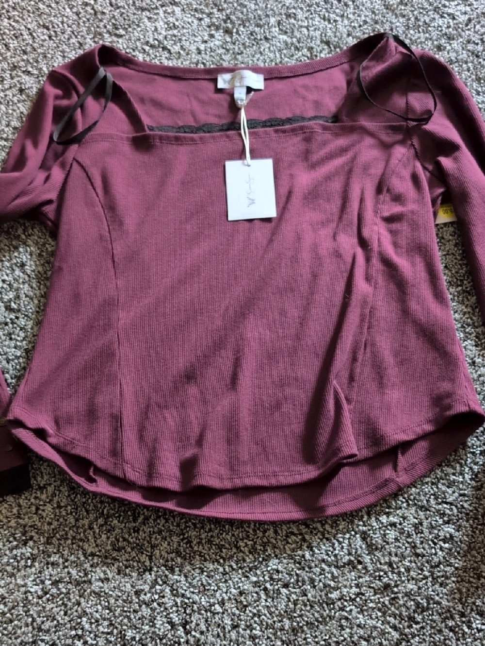 Jessica Simpson Wine Ribbed Long-Sleeve Square Neck Top
